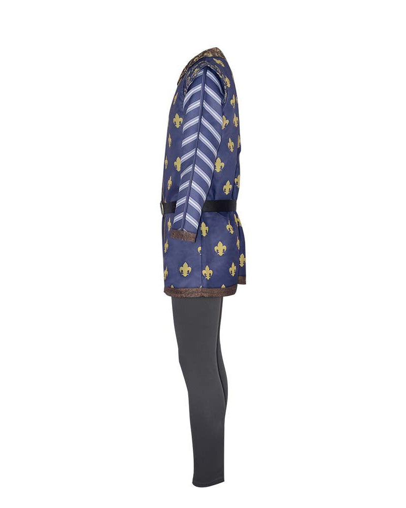 prince charming cosplay costume side view blue medieval tunic with striped sleeves