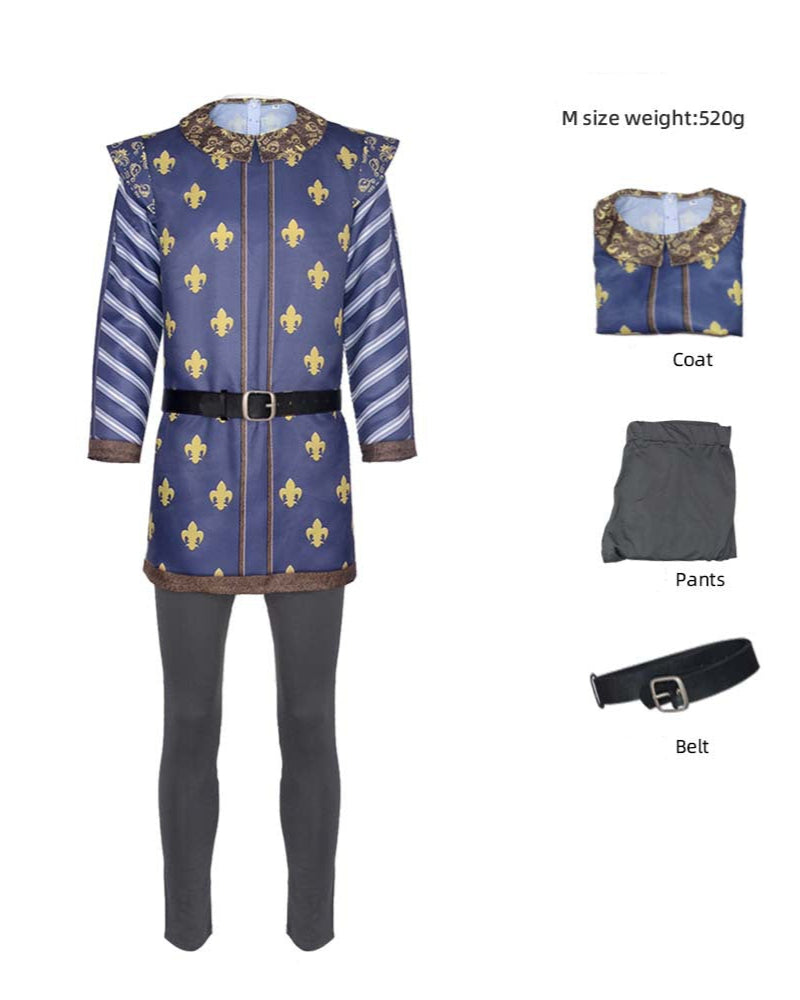 prince charming shrek cosplay costume full set with tunic belt and pants labeled display