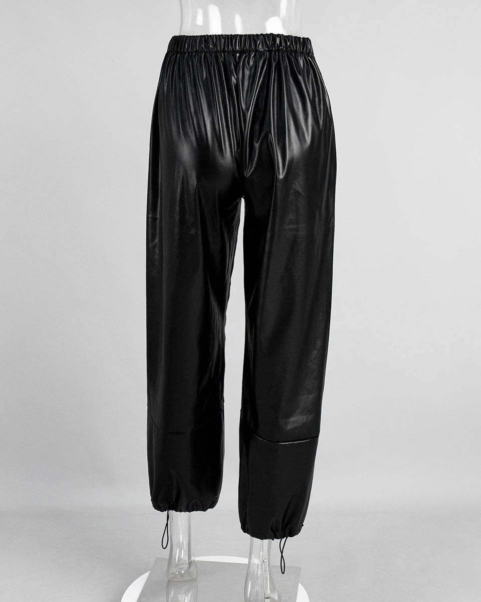 Black PU pants back view on mannequin