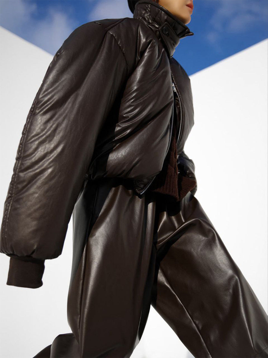 PU leather wide leg pants side view fall outfit