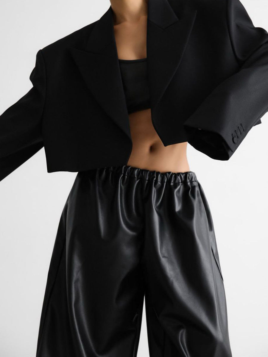 PU leather wide leg pants streetwear outfit front view