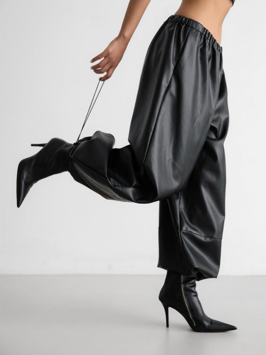 PU leather women’s pants wide leg drawstring design