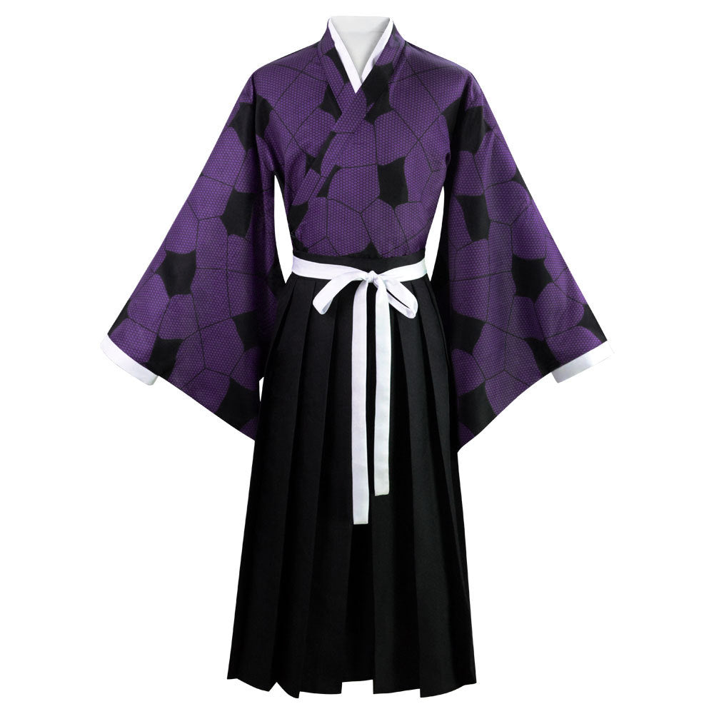 Purple and black kimono with white accents on a white background