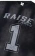 Close-up of front chest print with 'Raise Fares' and large distressed number 1 graphic.