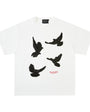 Product front of white crewneck T-shirt with four raised black dove motifs and red text detail