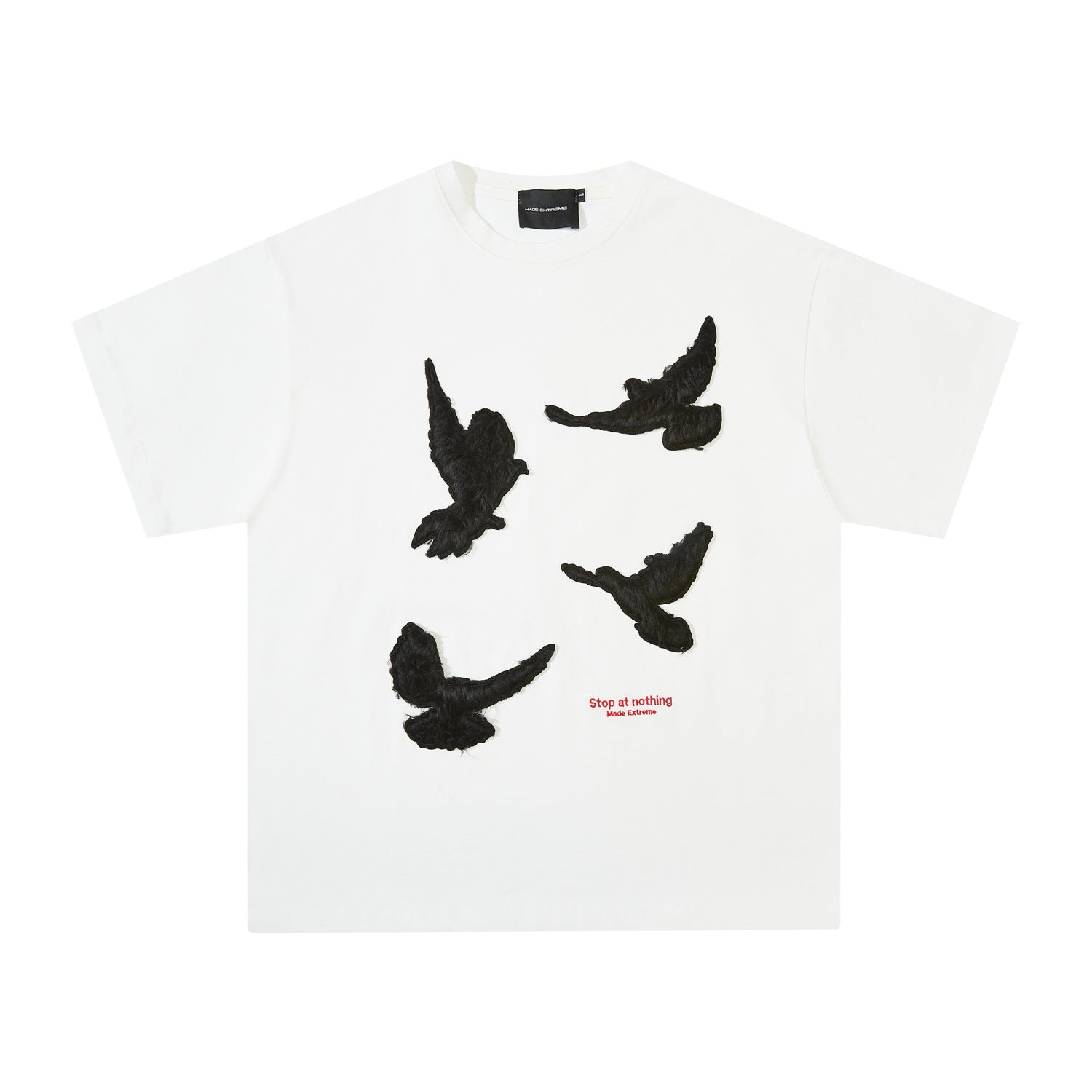Product front of white crewneck T-shirt with four raised black dove motifs and red text detail