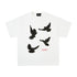 Product front of white crewneck T-shirt with four raised black dove motifs and red text detail