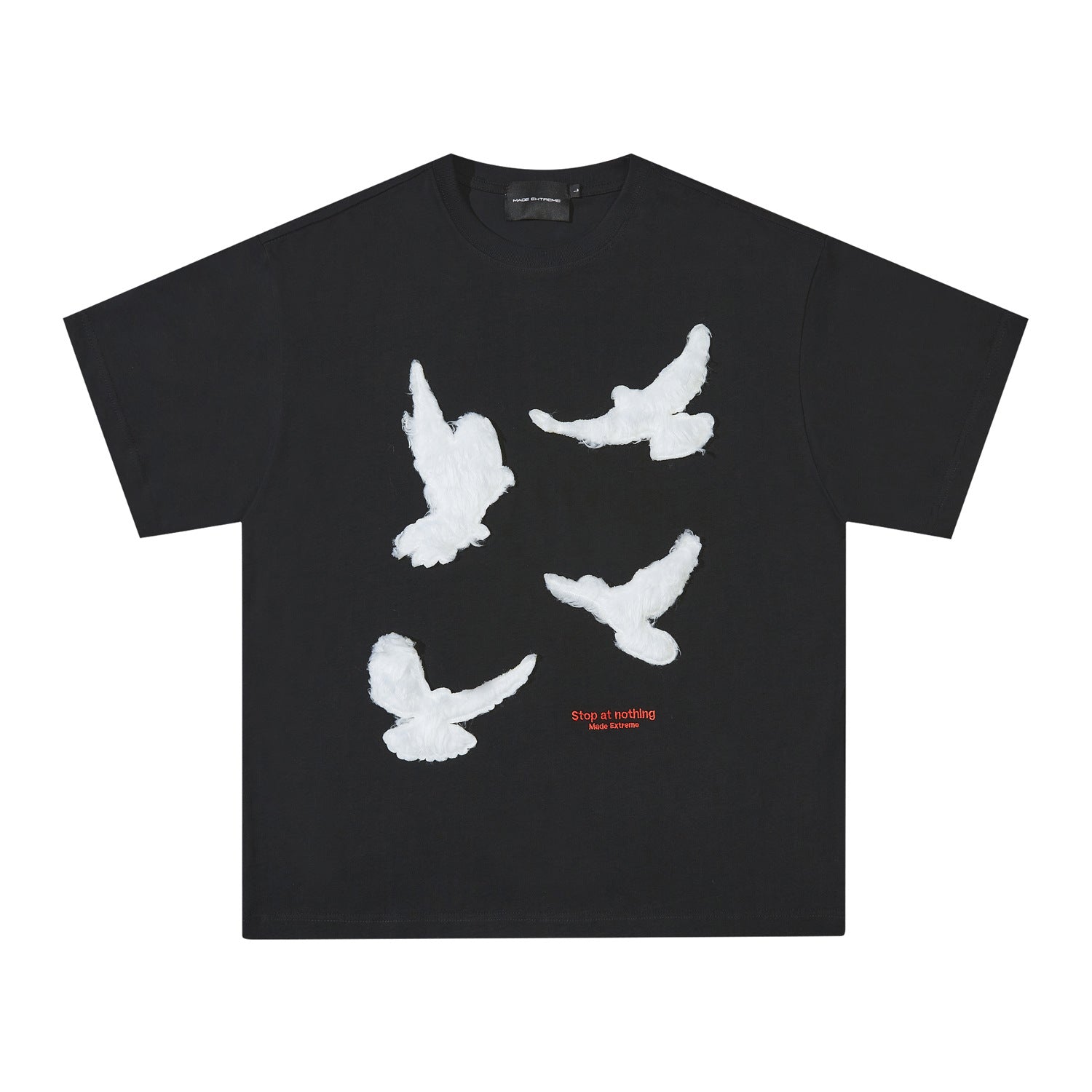 Product front of black crewneck T-shirt with four raised white dove motifs and red text detail