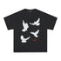 Product front of black crewneck T-shirt with four raised white dove motifs and red text detail