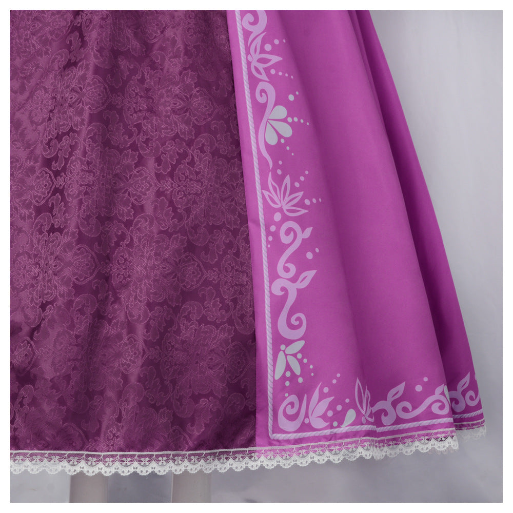 Rapunzel cosplay costume purple Tangled princess gown skirt close-up detail with floral pattern