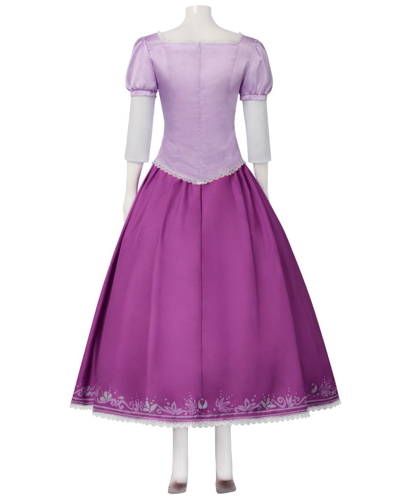 Rapunzel cosplay costume Tangled princess Halloween dress back view with lace trim skirt
