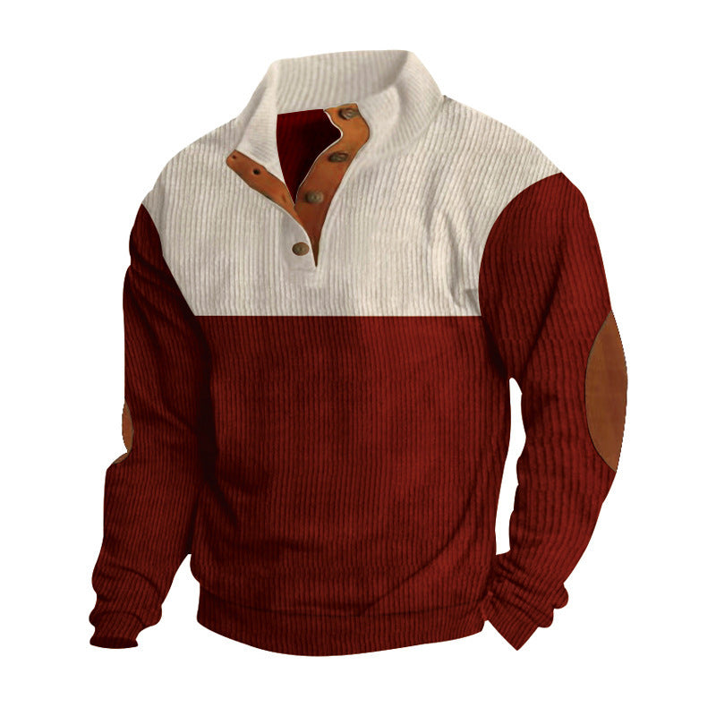 red and beige corduroy button sweatshirt for men with suede elbow patches