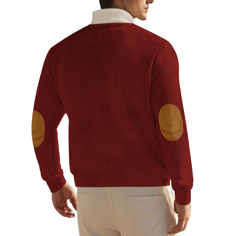 red and beige corduroy button sweatshirt for men back