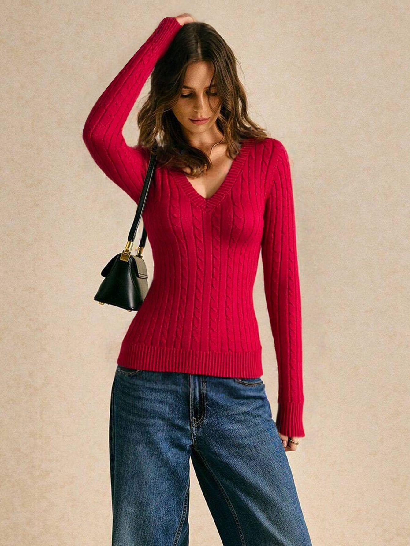 red christmas sweater outfit full body casual look