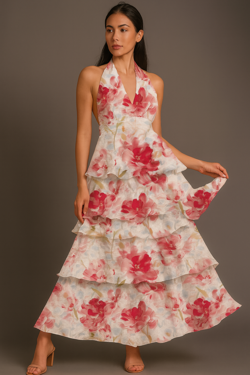 Floral Halter Ruffle Maxi Dress with Tiers – Boho Vacation Style – ZINNTRA