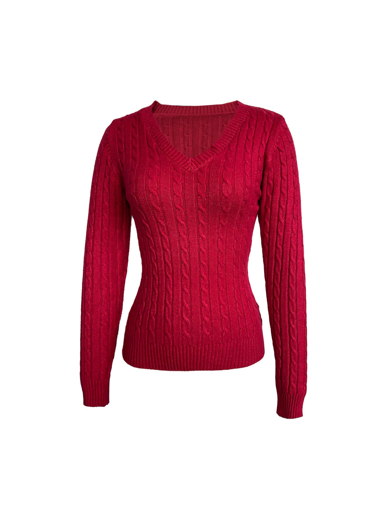 Women's Red Christmas Sweater V-Neck Cozy Cable Knit Top – ZINNTRA