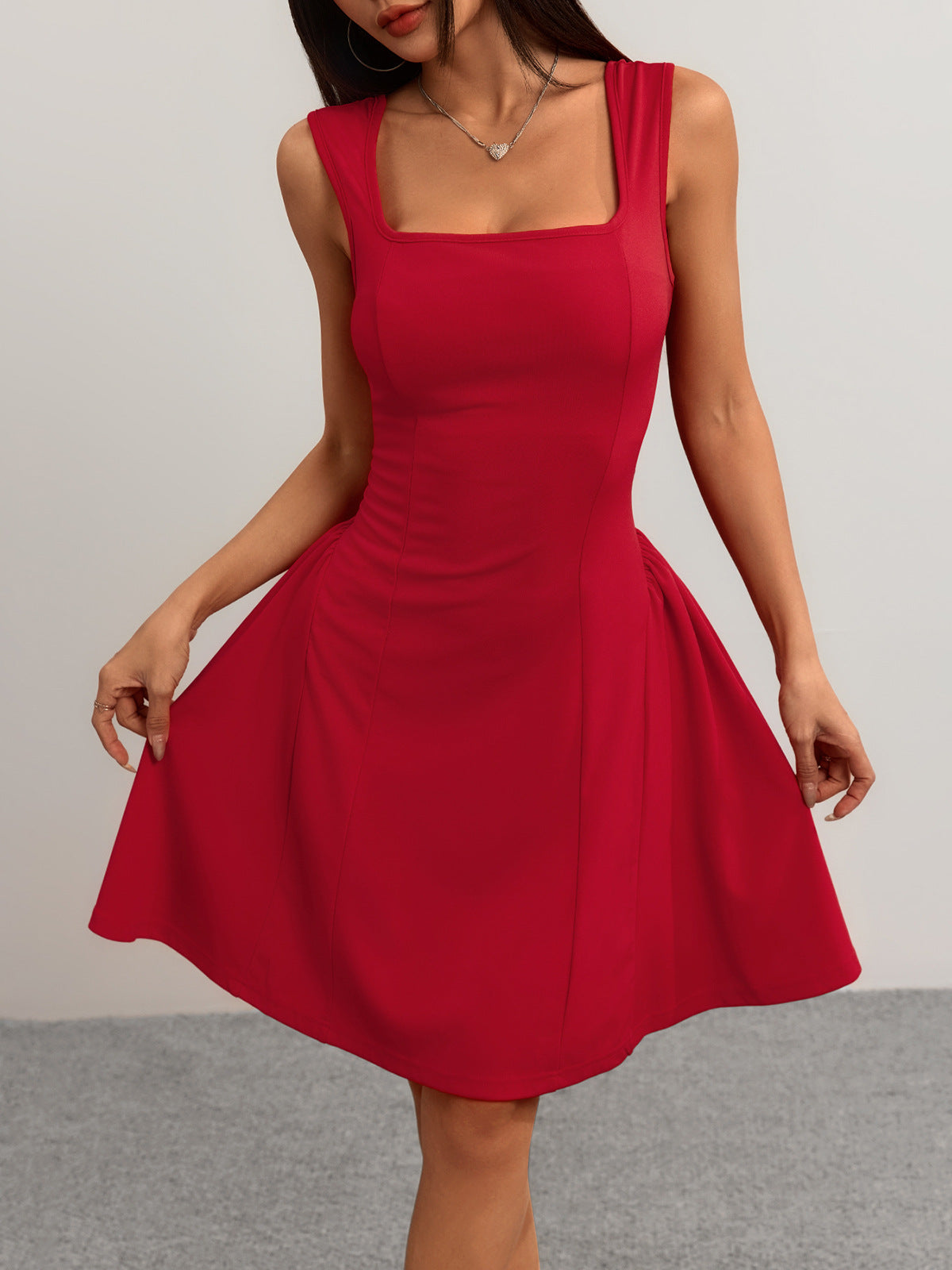 Square Neck Mini Dress – Sleeveless Flared Summer Dress – ZINNTRA