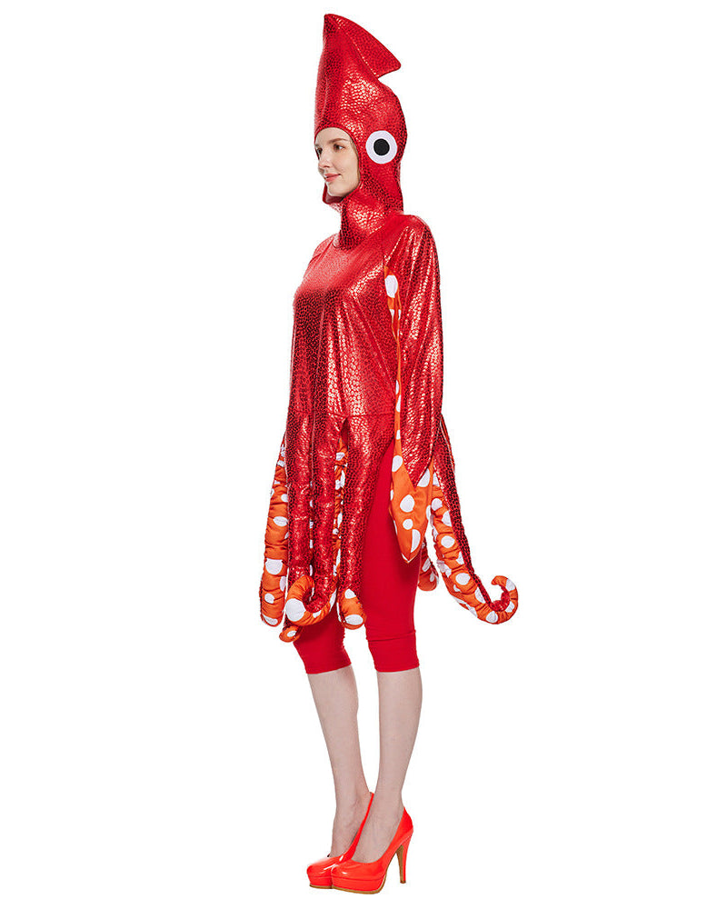 Side view of red squid cosplay costume