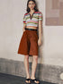 Standing side view of striped crop shirt with retro collar