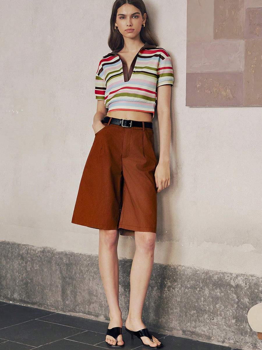 Standing side view of striped crop shirt with retro collar