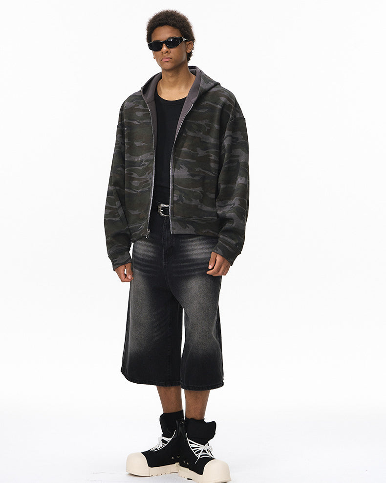 Reversible zip hoodie, camo side—front view, oversized streetwear layer