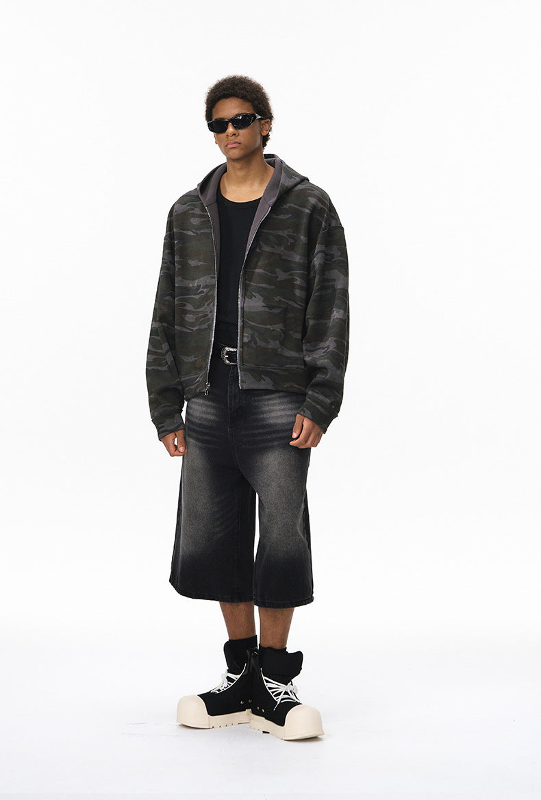 Reversible zip hoodie, camo side—front view, oversized streetwear layer