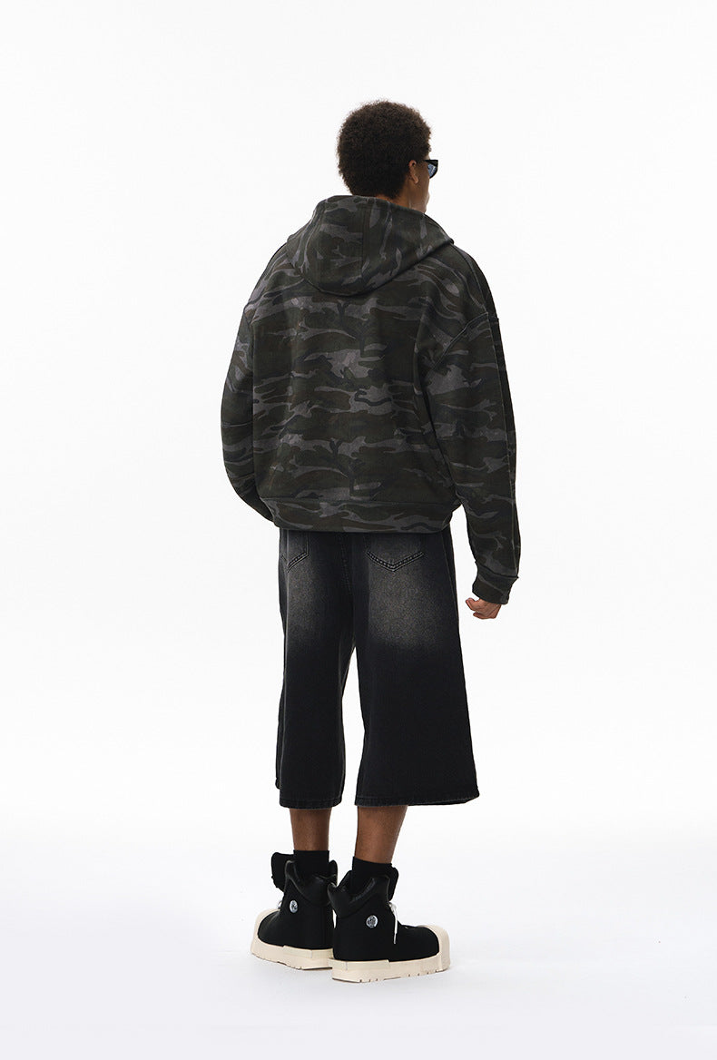 Reversible zip hoodie, camo side—back view with hood