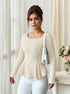 full-length view, ribbed long sleeve peplum top  styled with white jeans