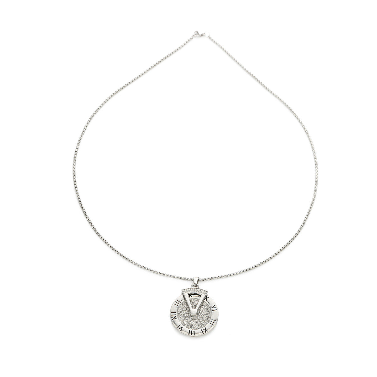 Roman numeral clock necklace displayed on white background in full view.