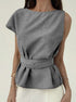 Close-up of round neck and fabric texture on gray office top
