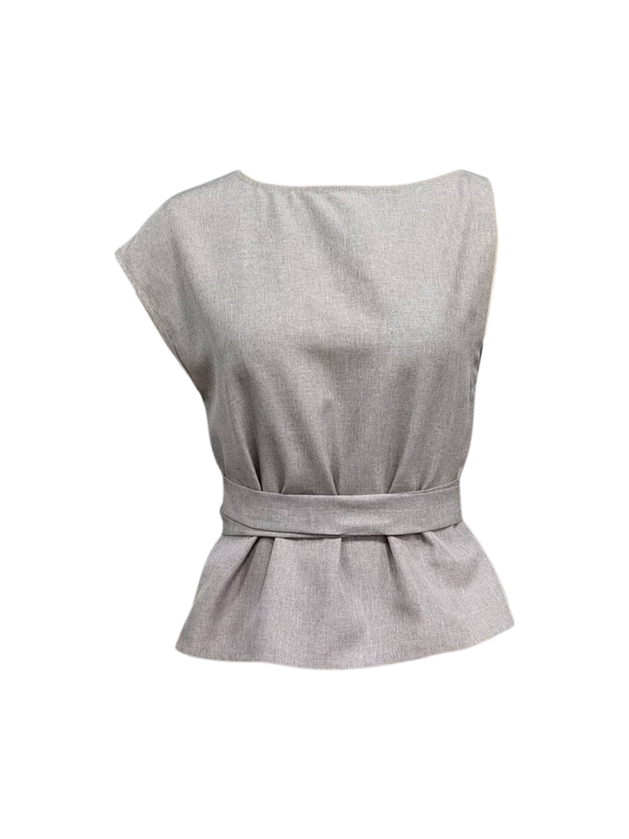 Flat lay of gray sleeveless top with a belt on a white background