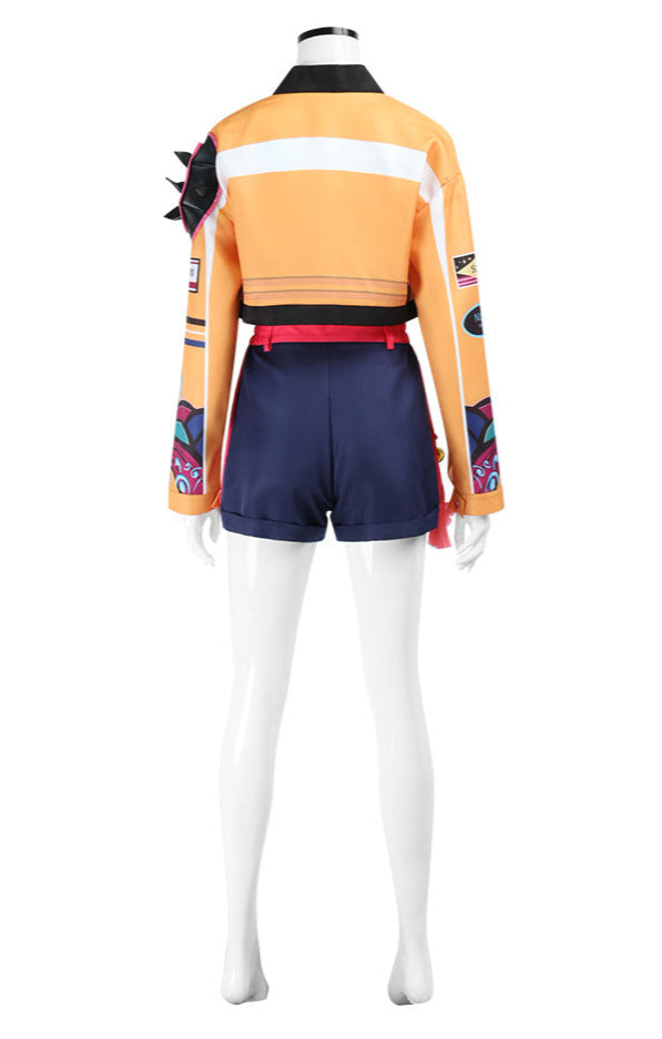 rumi halloween costume kpop cosplay back view yellow cropped jacket shorts
