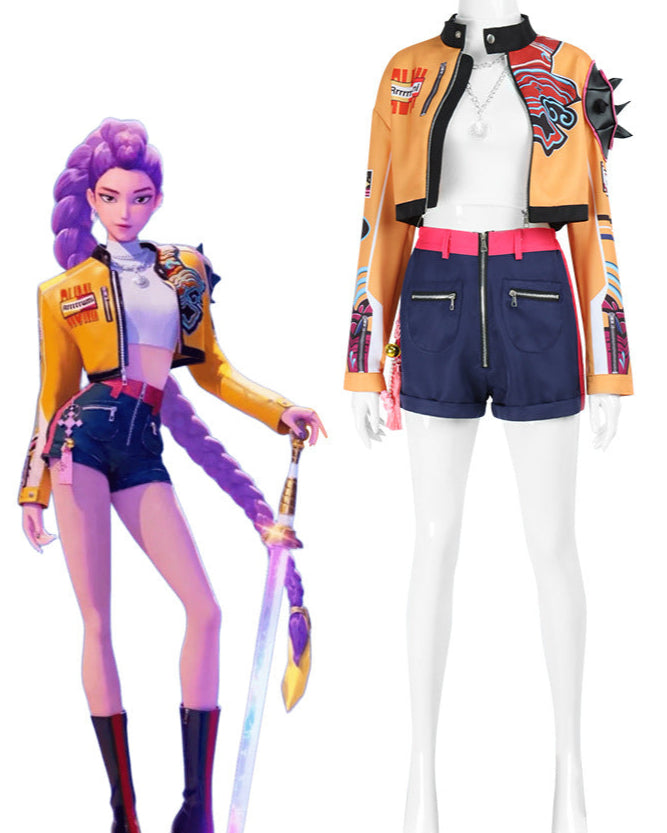 rumi halloween costume kpop outfit front view yellow jacket and shorts