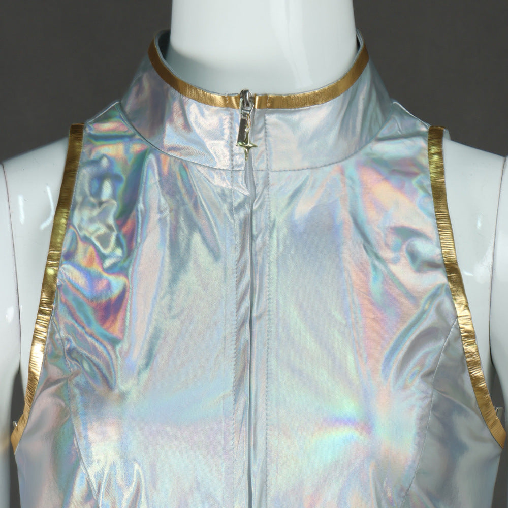 rumi white metallic halloween costume kpop cosplay back view holographic shorts