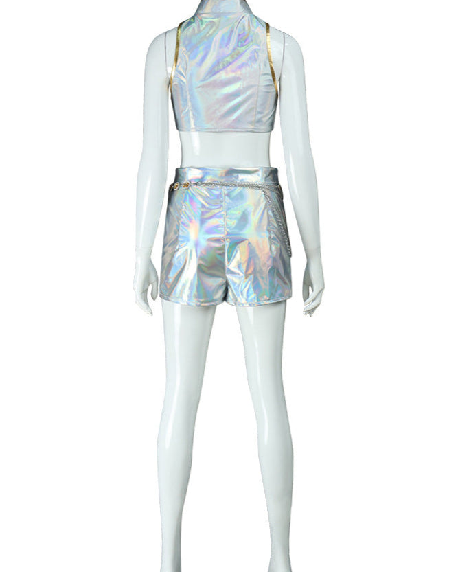 rumi white metallic halloween costume kpop cosplay front view silver holographic outfit