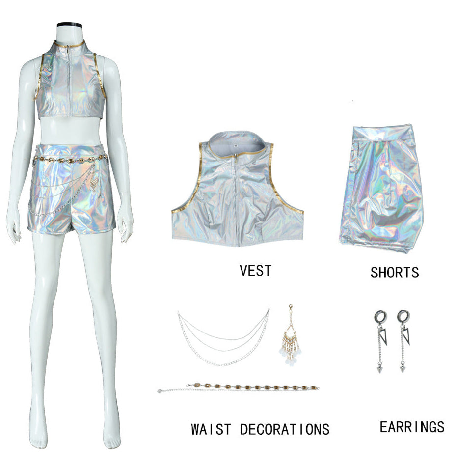 rumi white metallic halloween costume kpop cosplay holographic top shorts jewelry