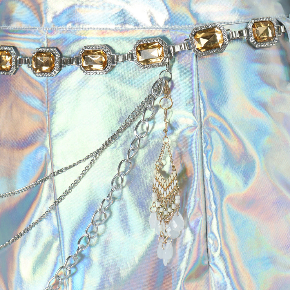 rumi white metallic halloween costume kpop cosplay waist chain detail silver shorts