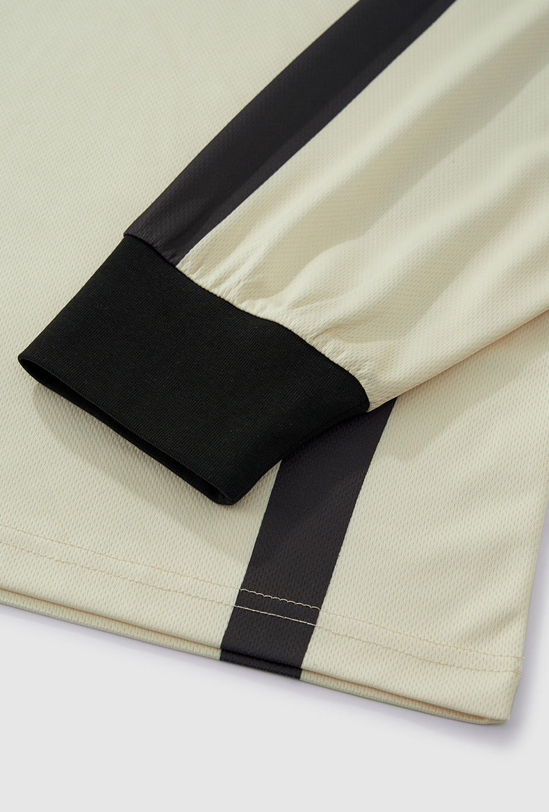 Ribbed cuff and sleeve trim detail on satin linen men’s combat graphic long sleeve streetwear t-shirt