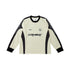 Oversized men’s satin linen combat graphic long sleeve t-shirt with black contrast trim and bold streetwear print