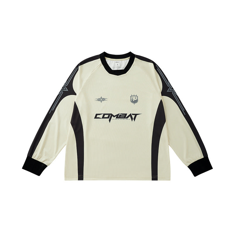 Oversized men’s satin linen combat graphic long sleeve t-shirt with black contrast trim and bold streetwear print