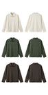 Set of three long-sleeve shirts with seagull collar in off-white, dark green, and brown shown from front, back, and side views on a white background.
