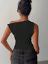 Back view of off shoulder top in black with asymmetrical neckline