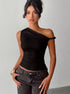Woman wearing off shoulder black sexy crop top with fitted waist