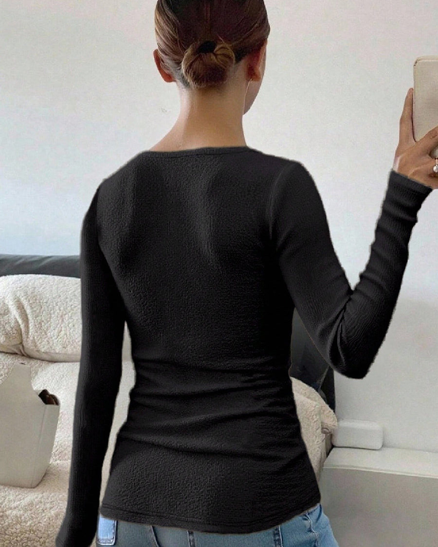 shirt long sleeve tshirts back view, black textured knit, slim fit, boatneck line, hip length