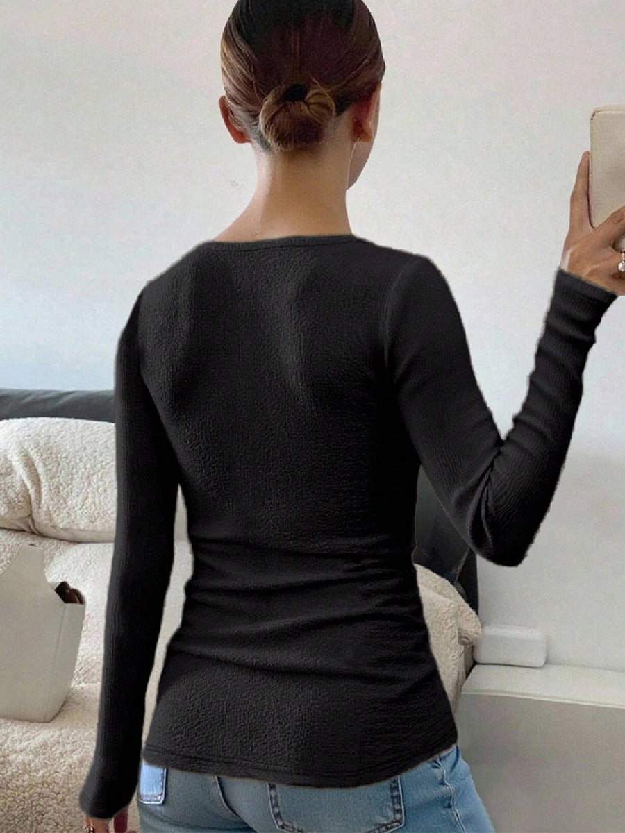 shirt long sleeve tshirts back view, black textured knit, slim fit, boatneck line, hip length