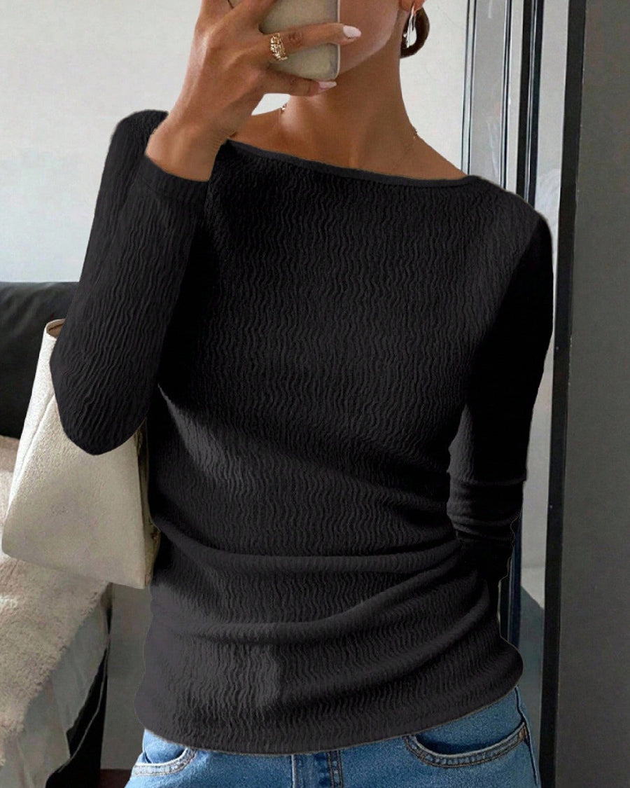 shirt long sleeve tshirts front view on model, black crinkle knit, boatneck, slim fit with jeans