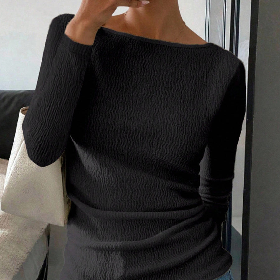 shirt long sleeve tshirts front view on model, black crinkle knit, boatneck, slim fit with jeans