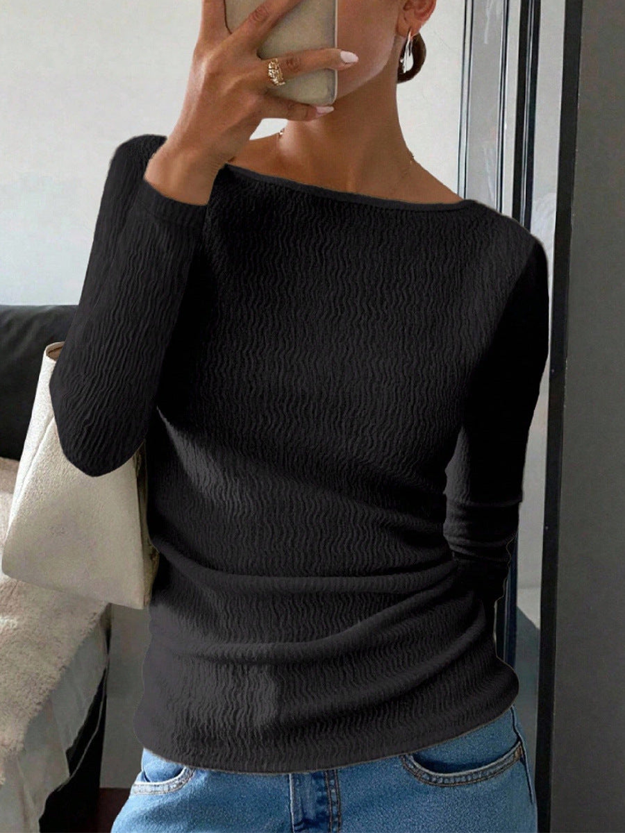 shirt long sleeve tshirts front view on model, black crinkle knit, boatneck, slim fit with jeans