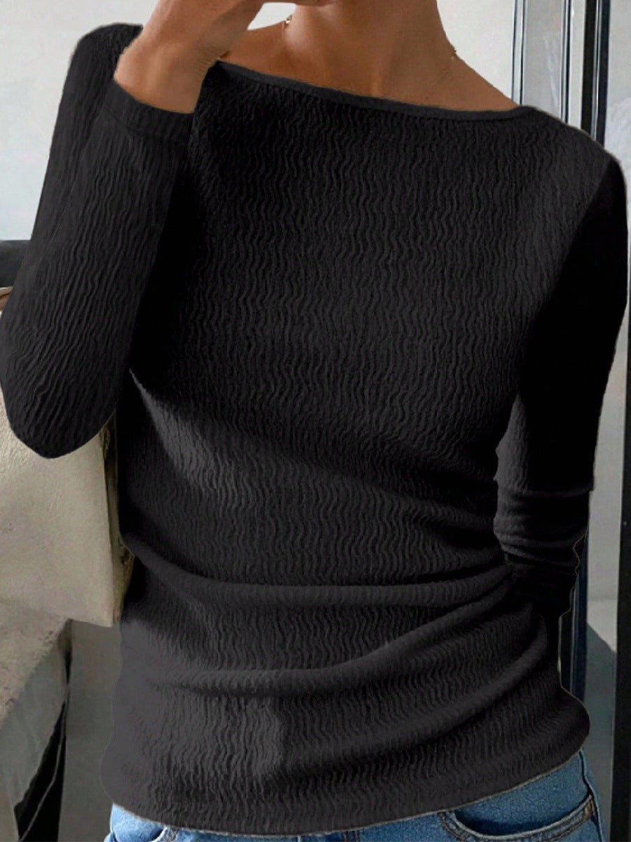 shirt long sleeve tshirts three-quarter front, black crinkle knit, wide boatneck, body-skimming fit