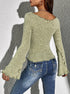 back view shirt-style long sleeve T-shirt in green, slim fit, bell sleeves